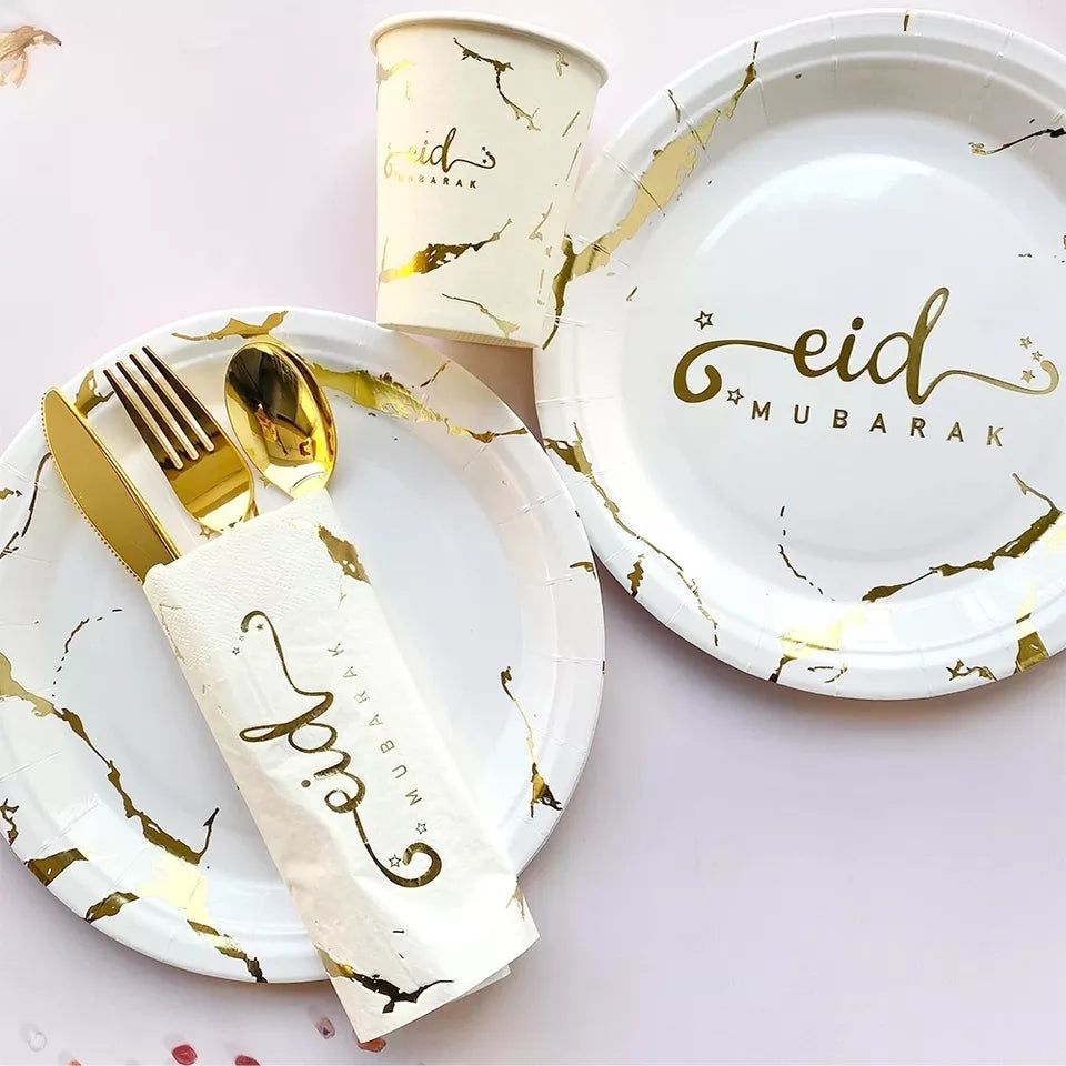 Eid Mubarak Paper Plates (White Marble) - 10 pack